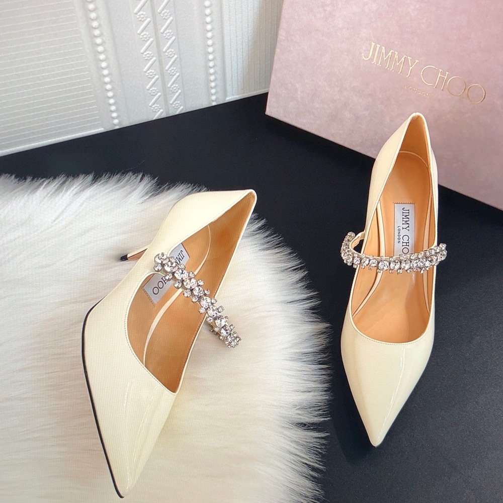 Jimmy Choo Off-White Bing Pumps 85 Heels with Crystal Strap - Picture 4 of 9